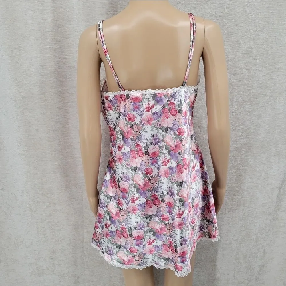 Floral Satin Lace Slip Dress Chemise Negligee and Matching Robe Set Pink